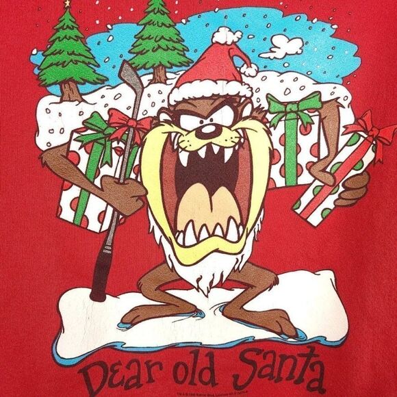 Taz Christmas Sweatshirt Vintage 90s Santa Claus Looney Tunes Mens Size Large - Picture 4 of 7